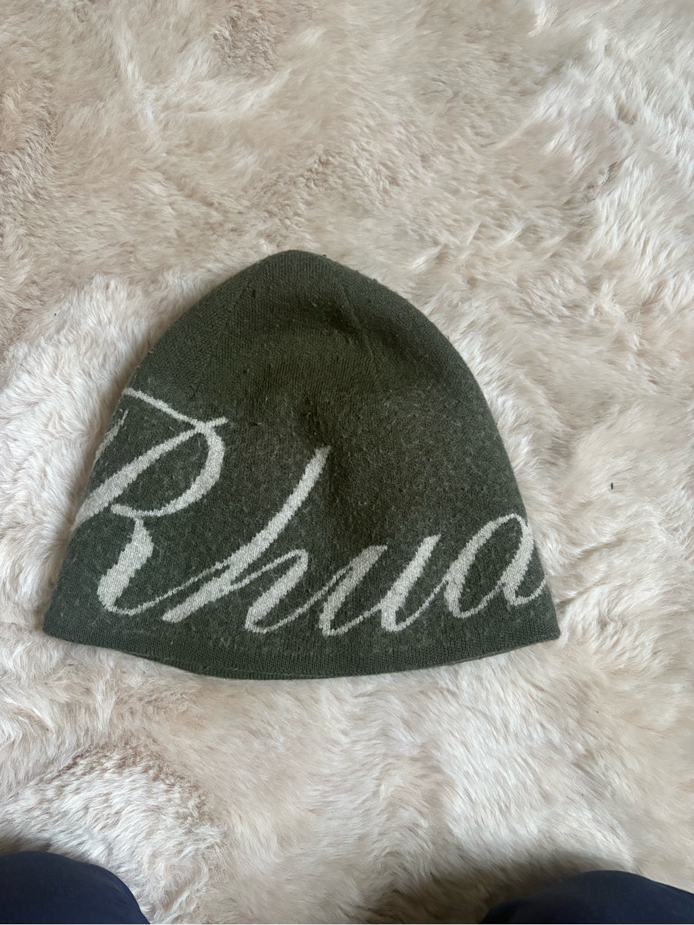 Rhude Green Knit Beanie with White Script